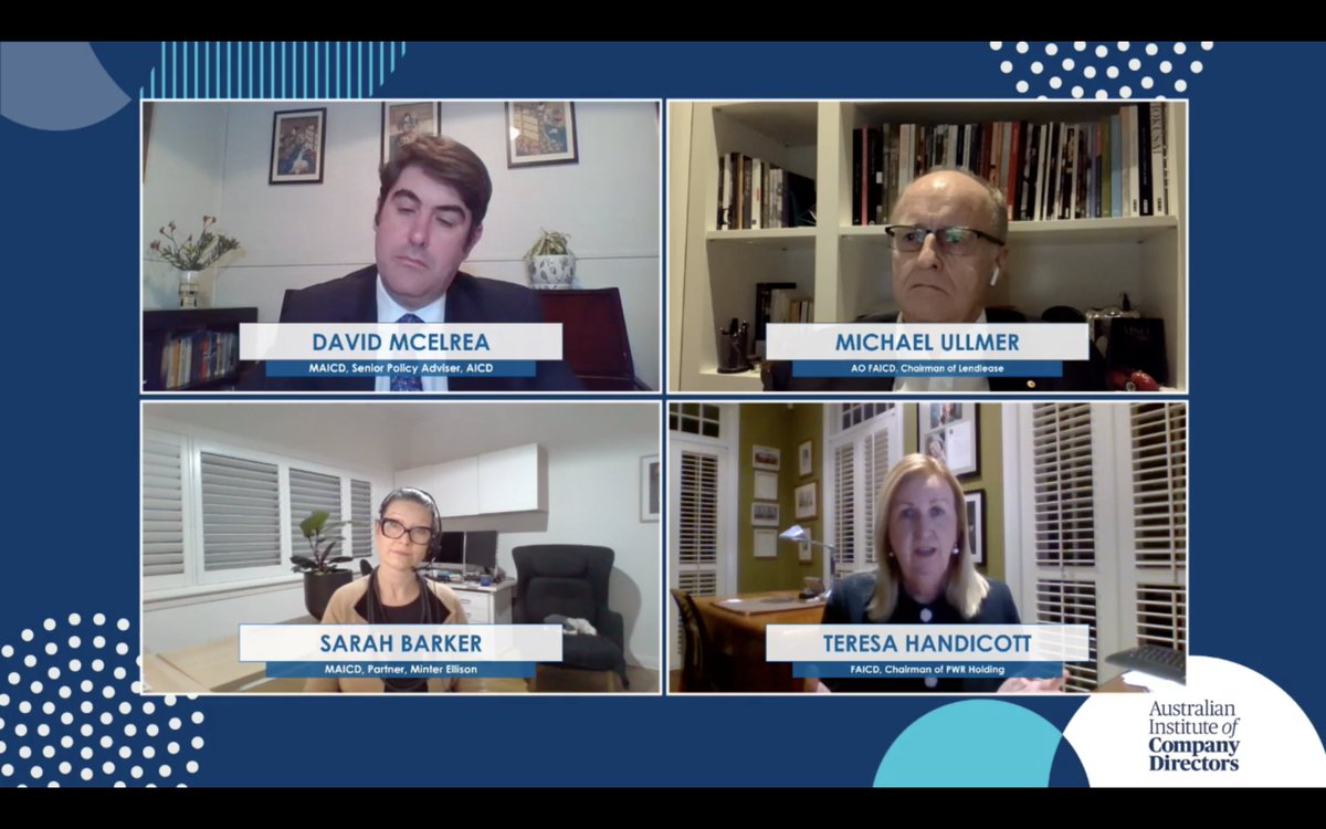 Important discussion on the role that directors need to play in assessing climate change impact and influencing climate strategy at small, large and not for profit companies. Thanks <a href="/AICDirectors/">AICD</a> #CGIAus #ClimateChange