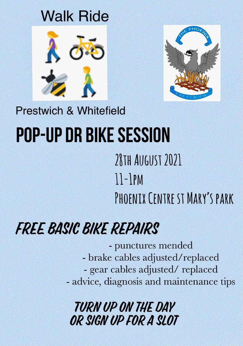 *Free* bike fettling this Saturday 28 August from 11-1 at the Phoenix Centre, St. Mary's Park, Prestwich. Book a slot or just turn up &amp; get that bike up and running again!

Please RT for broader reach. Ta!