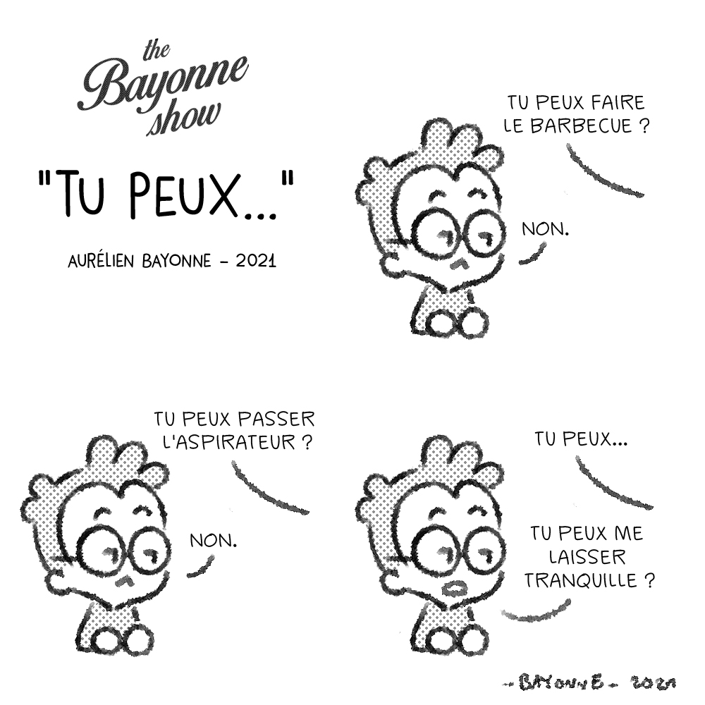 bayonneaurelien's tweet photo. "TU PEUX..." - Quand on est tous ensemble, on a tendance à me demander trop de choses...

#TheBayonneShow #daddy #fils #son #famille #family #épouse #ArtistsOnTwitter #wife #strip #comicstrip #comicartist #humour #humor #happy #happyness  #tupeux #canyou #barbecue #no #aspirateur https://t.co/xua5UGMfFV