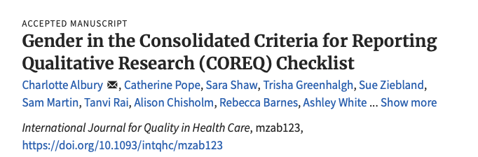 Dr Charlotte Albury (@alburycharlotte) on Twitter photo The COREQ checklist is required by many journals accepting #qualitative research in health. In our letter here we draw attention to the question on gender (Was the researcher male or female?) & suggest changes to enhance inclusivity: academic.oup.com/intqhc/advance…
<a href="/EQUATORNetwork/">EQUATOR Network</a> The COREQ checklist is required by many journals accepting #qualitative research in health. In our letter here we draw attention to the question on gender (Was the researcher male or female?) & suggest changes to enhance inclusivity: academic.oup.com/intqhc/advance…
<a href="/EQUATORNetwork/">EQUATOR Network</a>