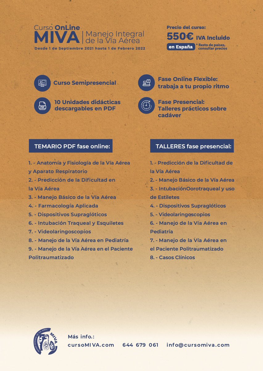 curso_miva's tweet photo. 🚨Atención TÉCNICOS DE EMERGENCIAS 🚑

👉🏻 Primer curso de #VíaAérea en #CadaberLab para #TES !!
10 créditos CFC. Aval EAMS.

Aprenderás y PRACTICARÁS los procedimientos y asistencia avanzada en vía aérea.

Plazas limitadas por riguroso orden de matrícula.

https://t.co/5vj94iLJAA https://t.co/Xja5DJRuKI