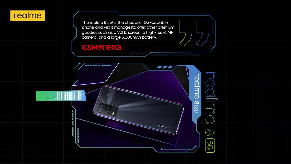realmeIndia's tweet photo. Highly recommended!   
The experts at @gsmarena_com are all praises for the all-rounder, #realme8 5G for its super speedy features. 

RT if you agree. 
#5GSpeedToInfinity 

Buy now: https://t.co/3Pagfl3LyG https://t.co/w5jFafrojA