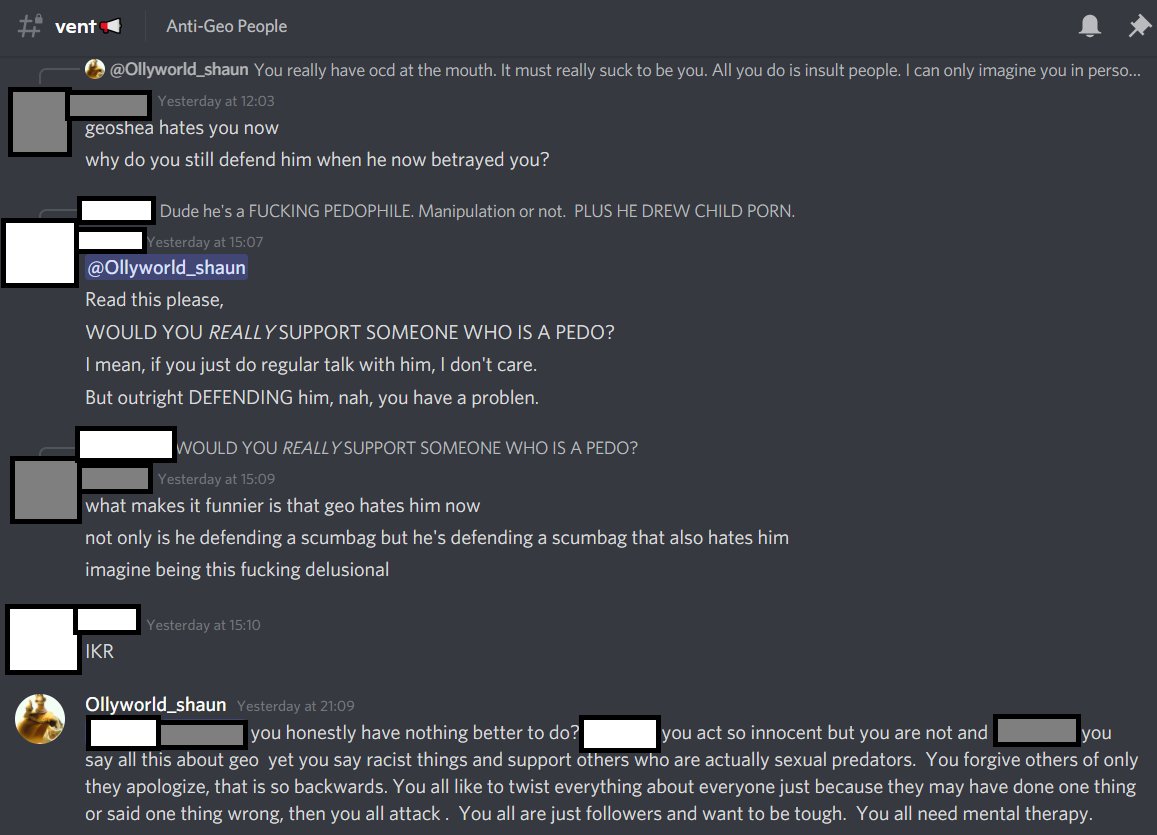 geoshea2017's tweet photo. later when coming back to discord, ollyworld made a new server in hopes of gathering geoshea supporters. he wants to ban anyone who dares insult or be against geo in any way. olly also generalizes all geo's enemies as trend-followers or kbos's "simps". https://t.co/VnadRsauWd