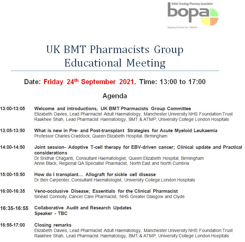 The UK BMT Pharmacists Group Educational Meeting is BACK and will be virtual!  Join us on the afternoon of the 24th September!

More information can be found via the link: bopa.org.uk/bmtmeeting/

@NickDun28458375 <a href="/raakhee_shah/">Raakhee Shah</a> <a href="/lizhorrell/">Liz Davies</a> 

#BOPA #UKBMTPharmacistsGroup