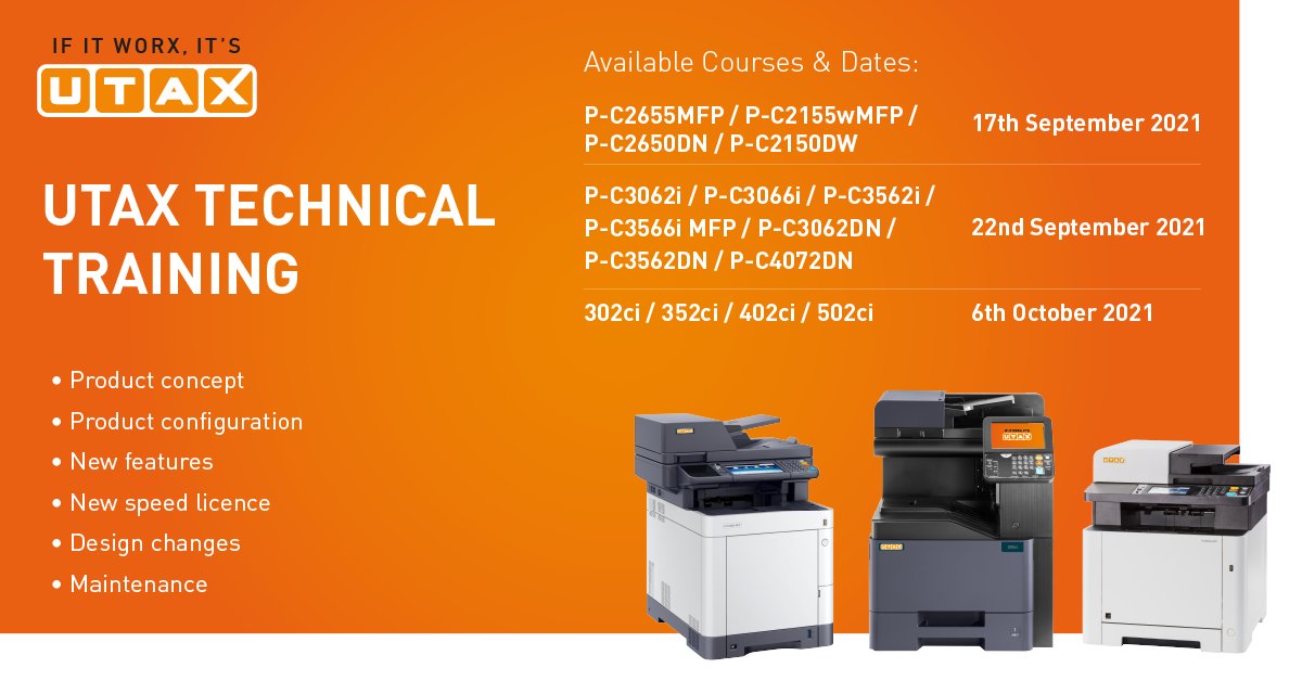 UTAXUKLTD's tweet image. We now have new #technical #training courses available for eligible partners.

If you would like to book one of the sessions, just email training@utax.co.uk with the course you’d like to be registered on.

#PrintManagementSolutions #TheCompletePackage #UTAXPartners