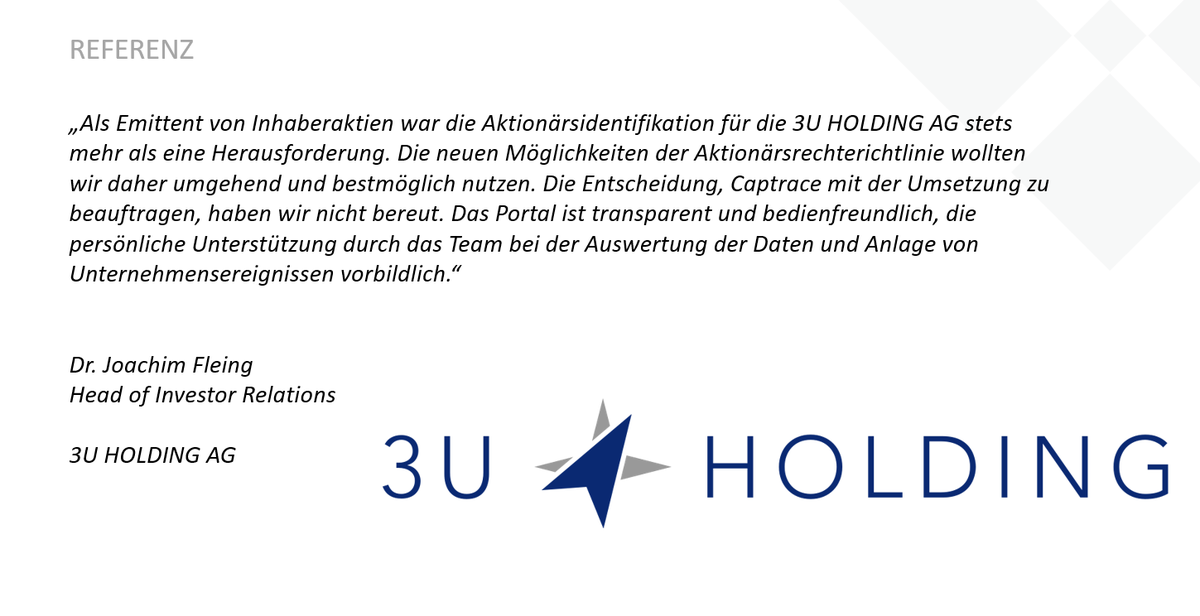 CaptraceG's tweet photo. Vielen Dank an Herrn Dr. Joachim Fleing von @3uHolding für diese tolle Referenz.
#3UHolding #captrace #knowyourshareholder https://t.co/tQ3l4LBh2h