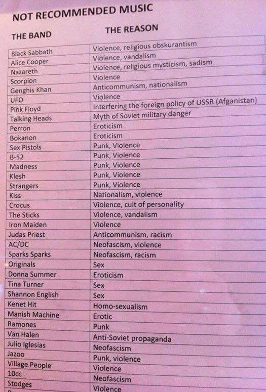 80beardy's tweet photo. This is a list of bands that weren't allowed to play in the USSR in the 80s and the reasons why. Looks like Foreigner, Boston, and, yes, even the Connels missed out on yet another list. 

#PutThatInYourPipe  #PatHeads 
@PatUnleashed @KeithMalinak @TVsRob_Official https://t.co/w19u4Asbut