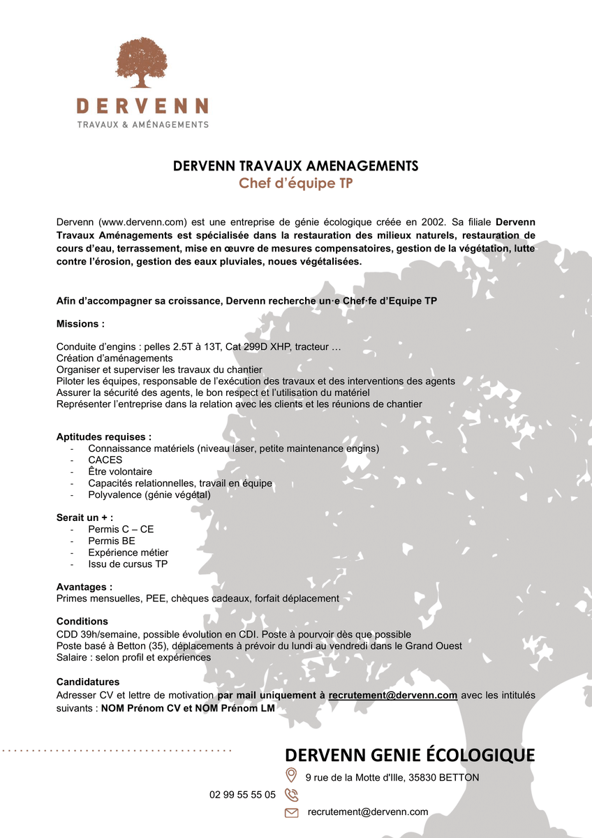 Dervenn's tweet photo. Dervenn Travaux &amp; Aménagements recherche un·e chef·fe d'équipe ainsi qu'un·e ouvrier·e de génie écologique vous trouverez les offres ci-joint.
Adresser CV et lettre de motivation par e-mail à recrutement@dervenn.com avec les intitulés suivants : NOM Prénom CV et NOM Prénom LM. https://t.co/m5XVZx6zTN