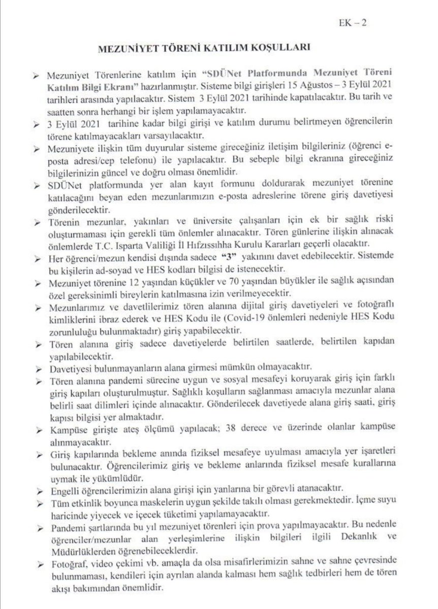 Fakültemiz 2019/2020 ve 2020/2021  mezuniyet töreni 21 Eylül 2021 tarihinde yapılacaktır👨‍🎓👩‍🎓Mezuniyete katılım için 3 Eylül tarihine kadar "SDÜNet Platformu Mezuniyet Töreni Katılım Bilgi Ekranı"na bilgi girişleri yapılmalıdır.