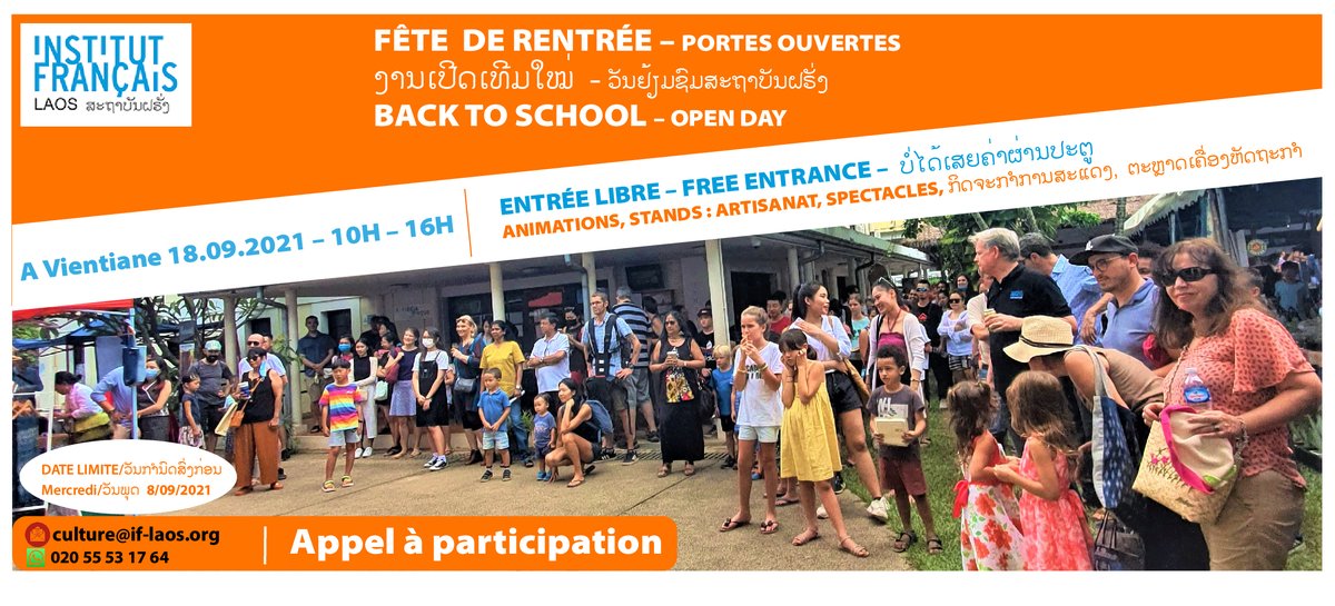 iflaos's tweet photo. 🎯The French Institute is organising a Back to School Day/Open Day on Saturday, 18/09 from 10am to 4pm. 
✅You can still book a booth or suggest an art/cultural activity (short demo/show) to participate in the Open Day. 
More info : https://t.co/Jr5uOtrMYY https://t.co/lUNAFL81ga