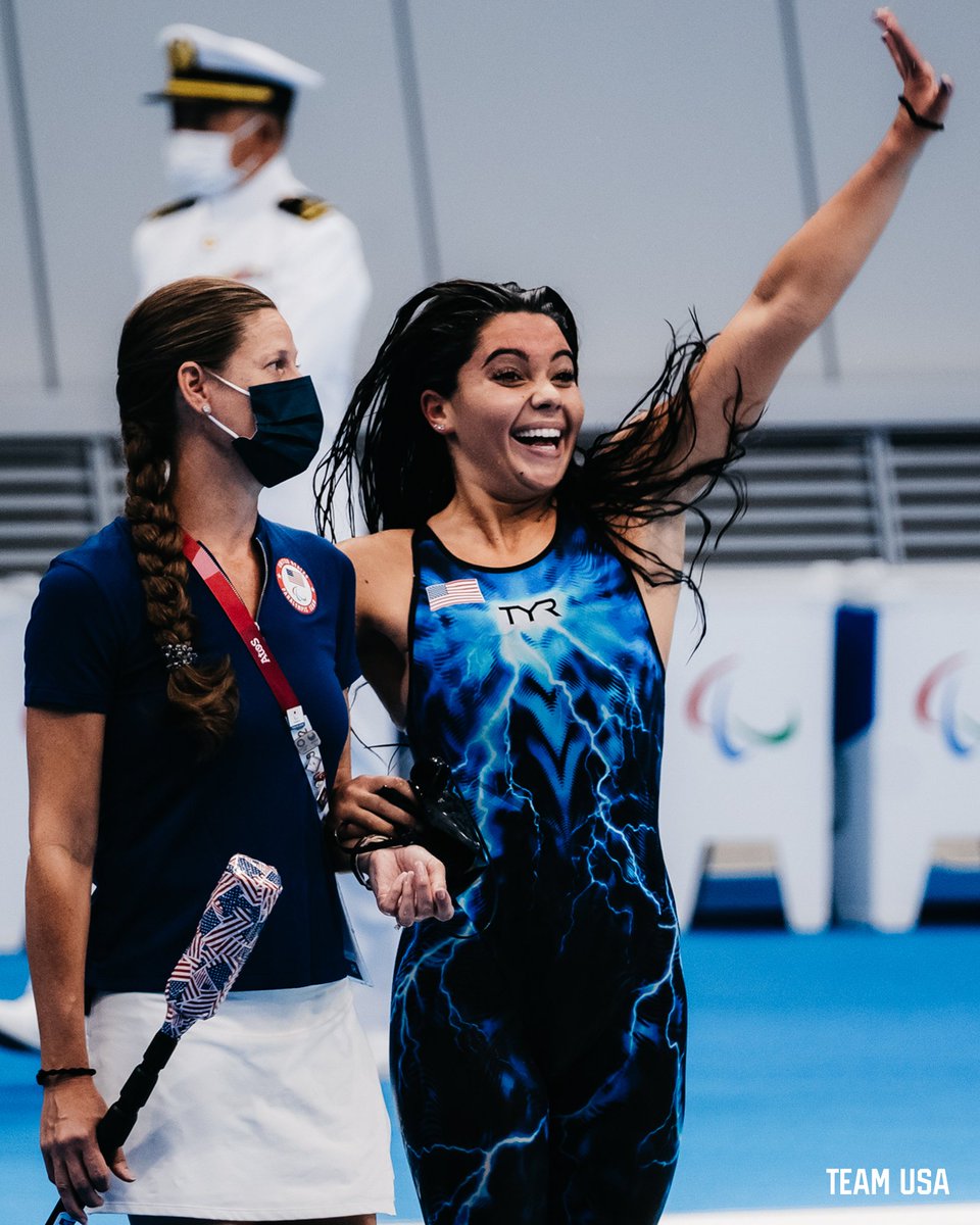 Photo of Anastasia Pagonis celebrating her gold medal win the women's 400m freestyle S11. 