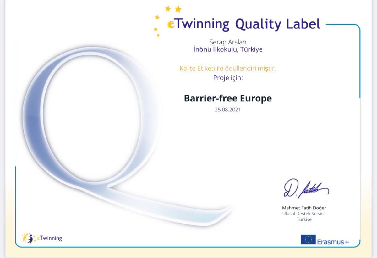 Okulumuz sınıf öğretmenlerinden Serap Aslan’ın yürütmüş olduğu eTwinning Projesi Barrier-free Europe ulusal kalite etiketi ile ödüllendirilmiştir.<a href="/memleventyazici/">Levent Yazıcı</a> <a href="/OzilLevent/">Dr. Levent Özil🇹🇷🇹🇷🇹🇷</a> @bbaris_yildiz  <a href="/Avcilarilcemem/">Avcılar İlçe Millî Eğitim Müdürlüğü</a> <a href="/eTwinning_ist/">eTwinning İstanbul</a> <a href="/avc_twinning/">e Twinning Avcılar</a>
