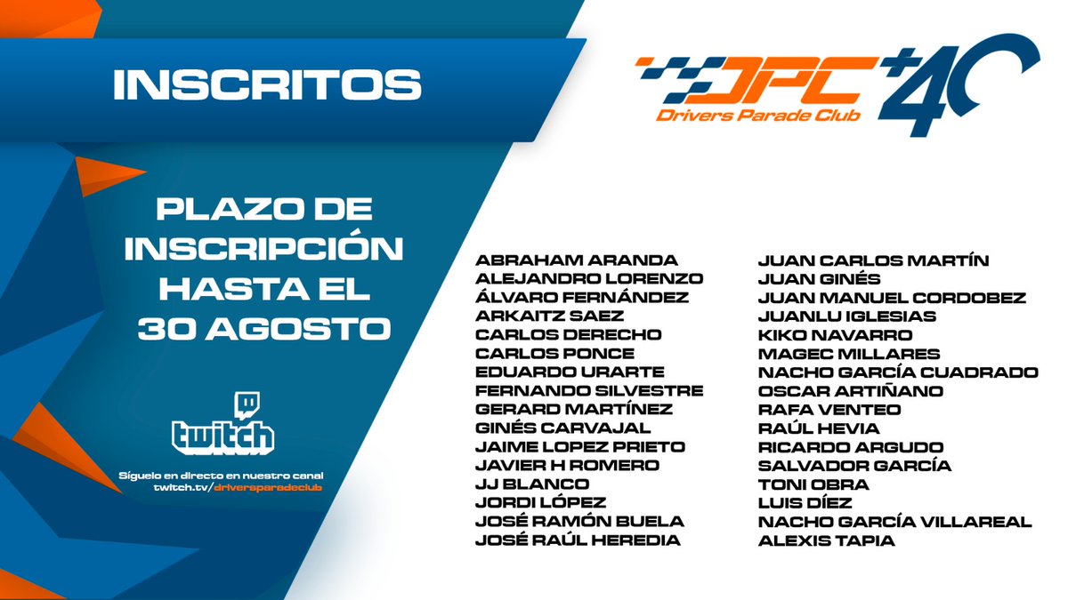 DriversparadeCb's tweet photo. 🔴DPC+40🔴

🚨Así tenemos por el momento la lista de inscritos a nuestro campeonato para veteranos.

📝Si quieres ser uno de ellos: ¡pásate por nuestra web!

➡️https://t.co/TFEFHjG81r https://t.co/UBYs6jsEnq