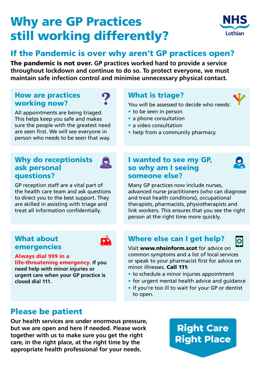 NHS Lothian (@nhs_lothian) on Twitter photo If you have questions about how your GP practice is working at the moment? Check out this handy Q&A. Our healthcare services continue to be under extreme pressure, please help us by making sure you access the right care in the right place. If you have questions about how your GP practice is working at the moment? Check out this handy Q&A. Our healthcare services continue to be under extreme pressure, please help us by making sure you access the right care in the right place.