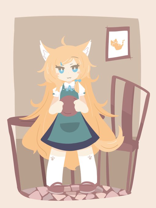 (お題箱)(機械翻訳) 背の低い(身長145cmくらい)金髪の女の子で、猫耳、膝までの混沌とした髪(とがったカールが多い)、水色の目(シアン)を描いていただけると、とても嬉しいです。このようなキャラクターは、カフェのような環境に似合うと思います。私のtulpaが持っている形です。 