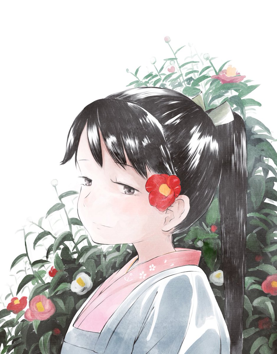 houshou (kancolle) 1girl solo ponytail japanese clothes flower black hair hair ornament  illustration images