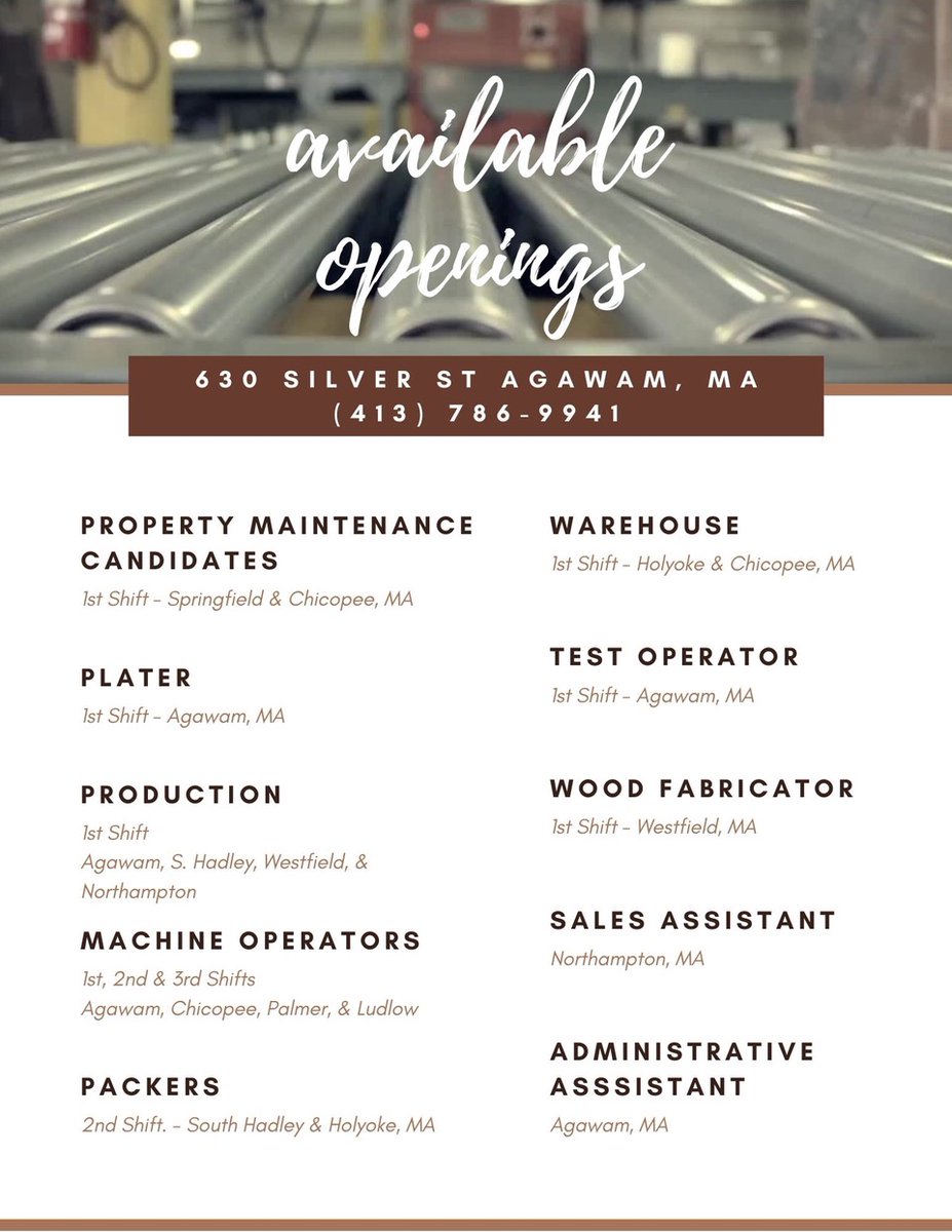 ReliableTemps's tweet image. We're #hiring ! Immediate openings available. Please call our office at 413-786-9941 for more information!