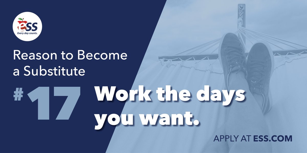 ESSEducation's tweet image. When was the last time you had a job that allowed you to choose your own schedule? Job flexibility will become your new norm as a substitute with ESS! For more information, visit ESS.com. #JobFlexibility #JobSeekers #EveryDayCounts