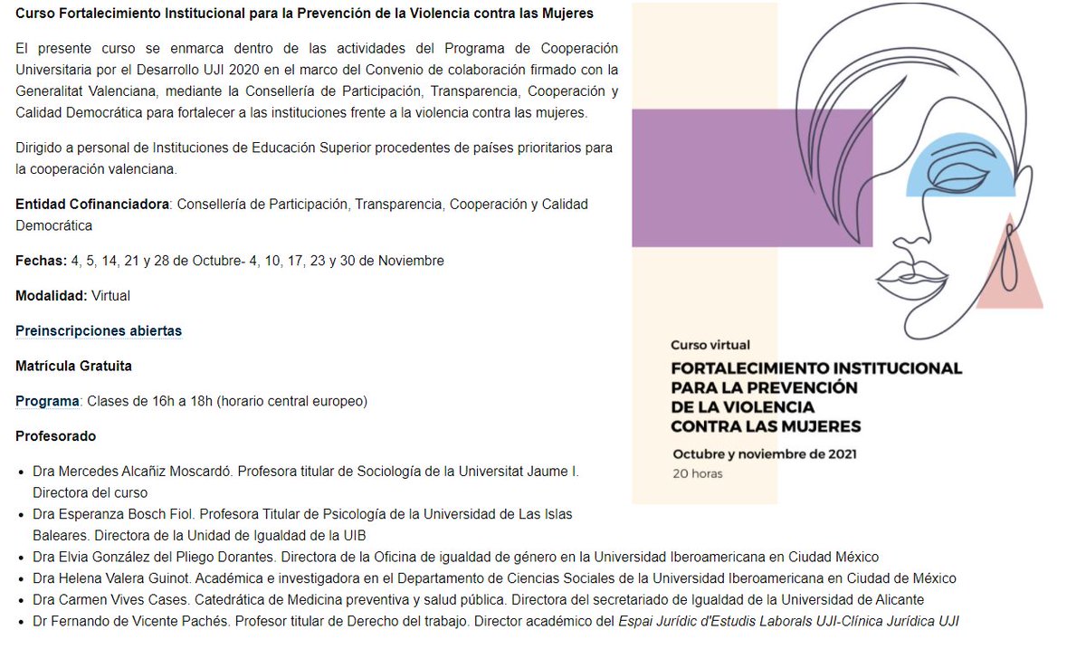 ¡Abrimos la preinscripción al curso Fortalecimiento Institucional para la Prevención de la Violencia contra las Mujeres en el marco del convenio de la <a href="/UJIuniversitat/">Universitat Jaume I</a>  con la <a href="/GVAcooperacio/">GVA Cooperació</a> !
+ info y preinscripciones👇: uji.es/serveis/ocds/b… 
#CursosGratuitos #género #igualdad