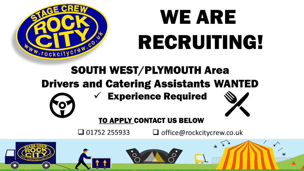 📍 Southwest / Plymouth Area
🍽 Catering Assistants 
🚘 Drivers 
‼️ Experience required 

Are you looking for part time work? 
Apply today and become one of our #CateringAssistants or #Drivers for upcoming #events in #Plymouth! 

📧 office@rockcitycrew.co.uk
📞 01752 255933