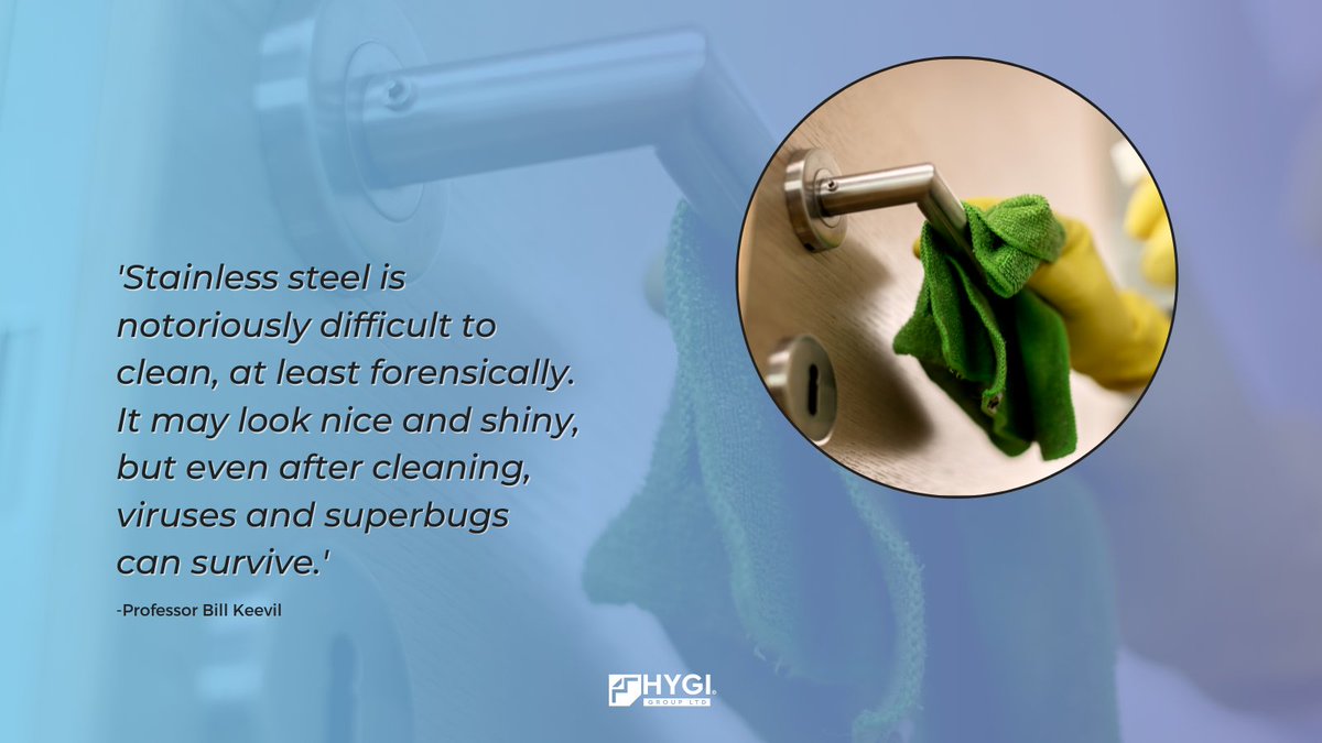 HygiGroup's tweet photo. The pits and crevices we can see on the surface of stainless steel allow bacteria and viruses to hide making them very difficult to reach by regular cleaning. Some pathogens can survive for a month on stainless steel, whereas the HYGI Metal can start killing them on impact 🚫🦠 https://t.co/MZpx9VS7tE