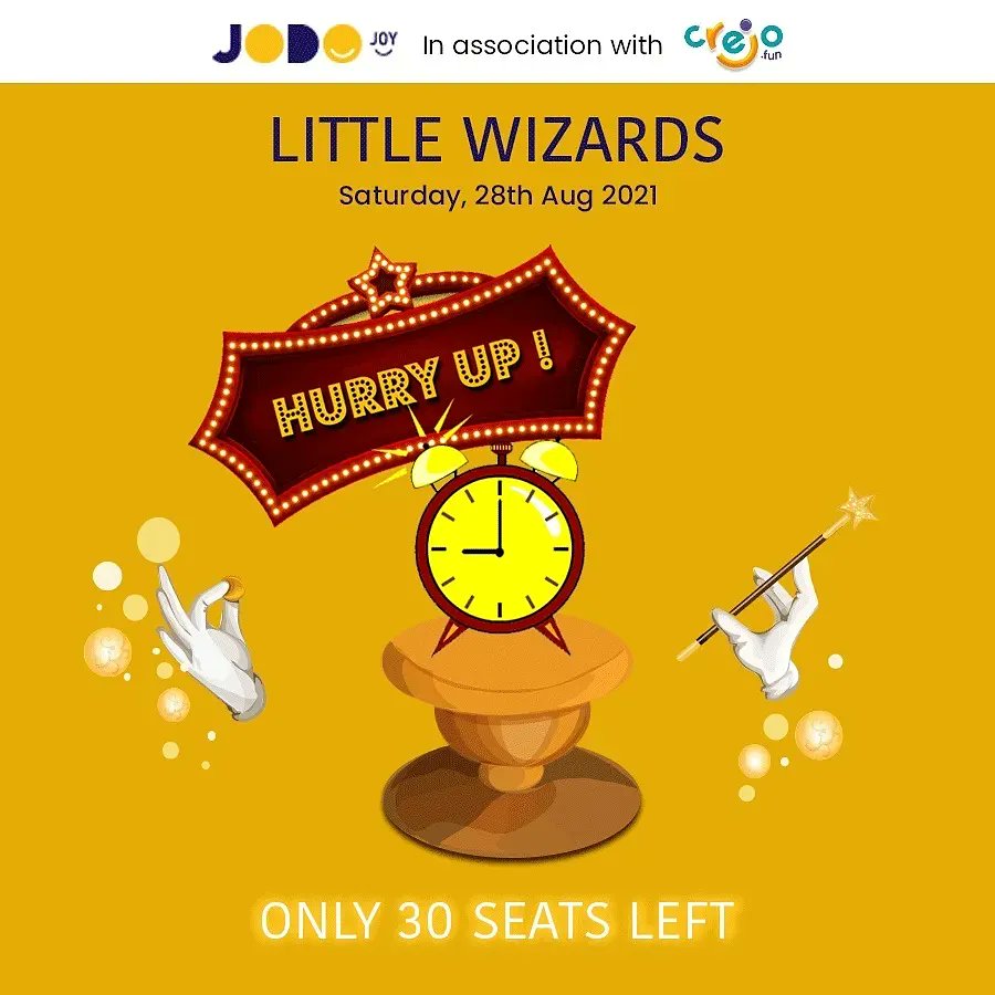 Jodo_in's tweet photo. Hurry up !!
Explore your child’s magical side and bring out the hidden magician of your house!
Only a few seats remaining!
When: Saturday, 28th Aug
Register for "Little Wizards" on https://t.co/lVnrNQ46wN
#jodo #jodojoy #CrejoFun #magic #magicworkshop #workshop #playshop https://t.co/46xYt7AyLO