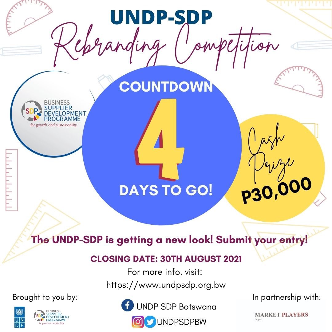 ATISASDP's tweet photo. Have you entered your design for the SDP Rebranding Competition?
We are counting down to the deadline. Get your entry in before 5pm on Monday 30th August and stand the chance to WIN P30,000!
Only 4 days to go! Don’t miss it!
#UNDPSDP #SDPRebrandingCompetition https://t.co/r2BiR43hfe