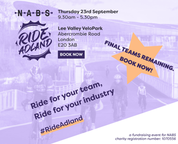 NABS_UK's tweet image. Only a few team places remain for our fun-filled cycling fundraiser, Ride Adland. Don’t miss your chance to compete, celebrate and have a great time at the world-famous Lee Valley Velopark on 23 September. Book now nabs.org.uk/event/ride-adl…