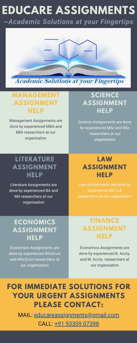 EDUCAREASSIGNM1's tweet image. EDUCARE ASSIGNMENTS
~Academic Solutions at your Fingertips
CALL: +91 93309 07398
MAIL: educareassignments@gmail.com
#AcademicAssignments #UKAssignmentsHelp #ProposalsandDissertations #AssignmentsHelper #AssignmentsSolver