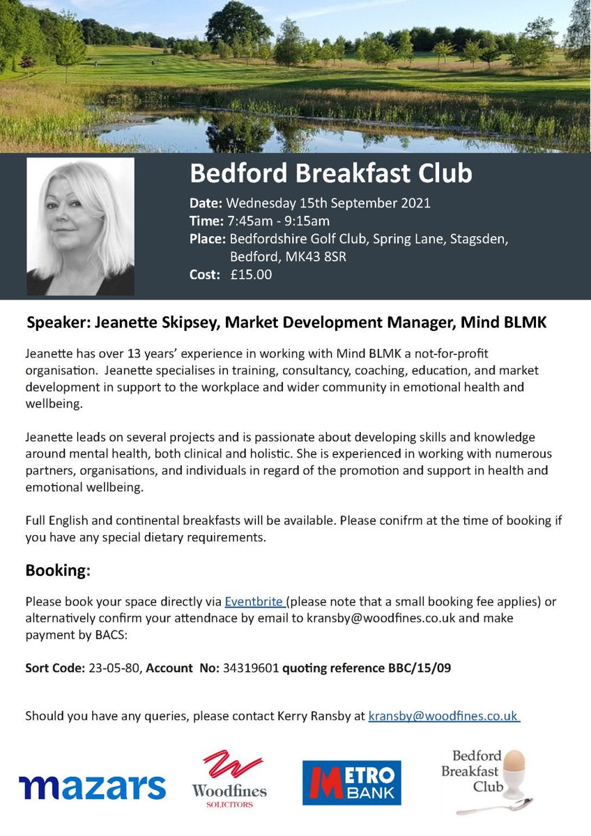 We are very excited to announce our first face-to-face event on 15th September! Full details below and you can book your space directly here: eventbrite.com/e/bedford-brea…

We can't wait to see you all! @Mazars_UK <a href="/Metro_Bank/">Metro Bank</a> @woodfines
