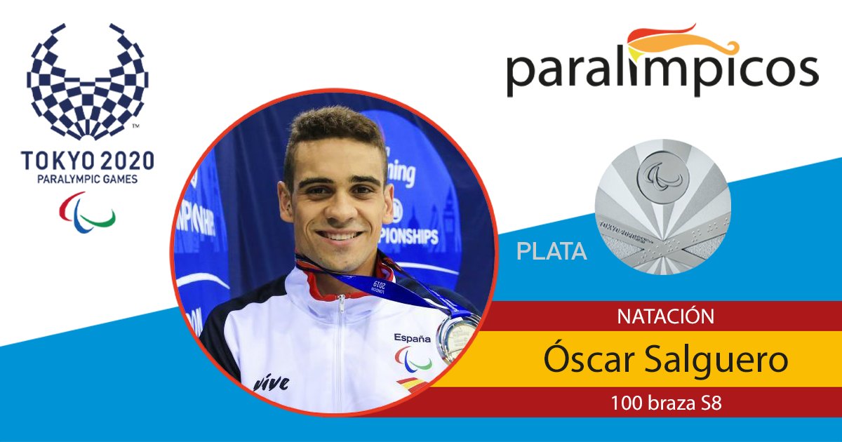 ¡NUEVA PLATA desde la piscina! Óscar Salguero se proclama SUBCAMPEÓN PARALÍMPICO en #Tokyo2020 en la prueba de los 100 braza S8. Con ésta, ya son 4⃣ medallas para el Equipo Español en estos Juegos. ¡GRANDE @oscarsalguero1! 👏👏👏👏