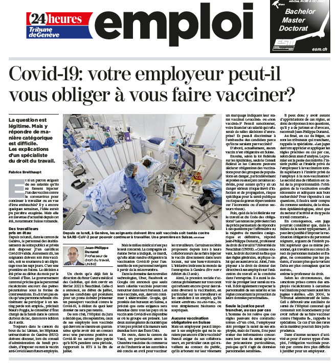 Obligation de vaccination dans les entreprises (suite et pas fin).
Aujourd'hui, avec le café, in <a href="/24heuresch/">24 heures</a> et <a href="/tdgch/">Tribune de Genève</a> 
Merci à <a href="/F_Breithaupt/">Fabrice Breithaupt</a> journaliste
<a href="/UniNeuchatel/">Université Neuchâtel</a> <a href="/DroitNeuchatel/">Droit Uni Neuchâtel</a> 
#VaccinationObligatoire #droit #travail