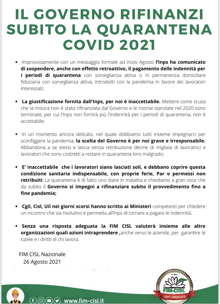 FIMCislStampa's tweet photo. Una dietro l’altra. Dopo le faq su #greenpass ora anche il mancato rifinanziamento quarantena covid. É inaccettabile #Governo rifinanzi subito quarantena #covid. È una misura di responsabilità sociale e sanitaria. https://t.co/x674Iefwam