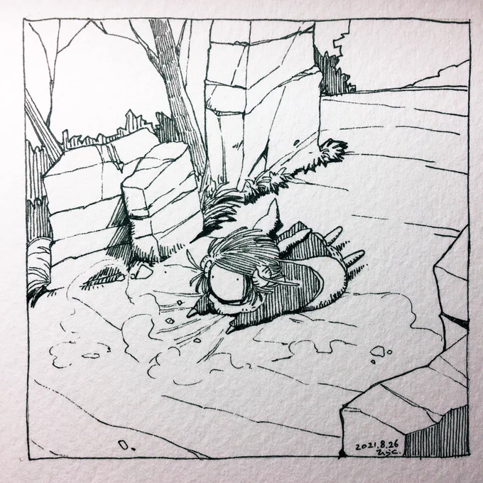 8/26:
転んだら地面が温かかった。
I fell down and the ground was warm.

#Pavot #ペン画 