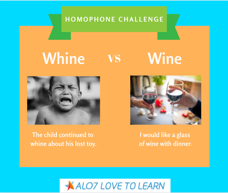 Alo7English's tweet photo. Homophone Challenge: Whine or Wine?
Would you like a cup of whine or wine to drink? Do you dislike to hear someone whine or wine? Do your students know which one is correct? https://t.co/If5okdYySu
