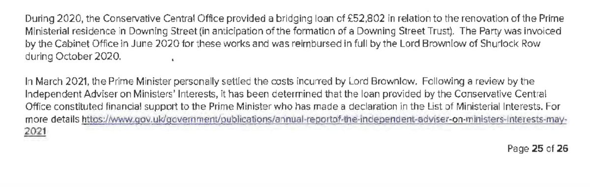 BREAKING: The Conservative Party's 2020 accounts, released today, disclose that Boris Johnson received a £52,802 "bridging loan" from Tory party funds in summer 2020, reimbursed by Tory donor Lord Brownlow in October 2020, &amp; repaid by Johnson in March 2021 when details had leaked