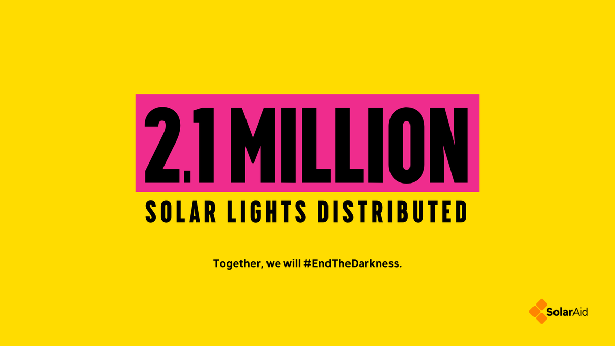 SolarAid's tweet image. Together, we've distributed 2.1 million #SolarLights and we aren't stopping here! We will light up every home, school and clinic in Africa by 2030, using safe, clean, solar power ☀

Together, we will #EndTheDarkness.

#SDG7 #CleanEnergy #SolarPower #EndEnergyPoverty