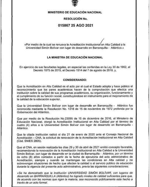 amessino's tweet photo. La Universidad Simón Bolívar recibe la Resolución 015867 del Ministerio de Educación que la reacredita institucionalmente en alta calidad por 8 años. Este sello de calidad ratifica el compromiso con una educación de excelencia. Felicitaciones a toda la familia Unisimonbolivar. https://t.co/RSK7Q484Gg