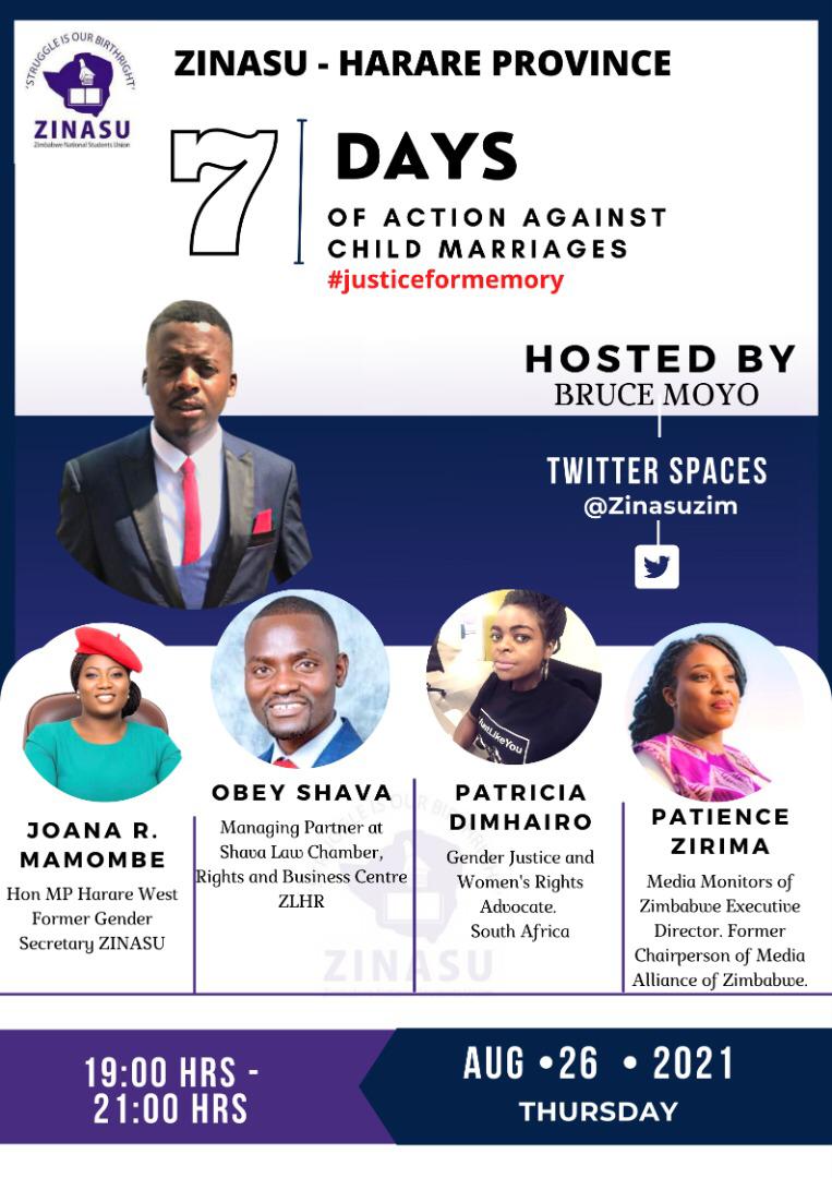 twitter.com/i/spaces/1PlKQ… it is not only Memory Machaya but the accumulating 37% of children who are getting married before age.why?and what needs to be done to end child marriages,-join us tonight-@JoanaMamombe @obeyshava1 @Zinasuzim @barrister_gutu @moyor65 @ngadziore