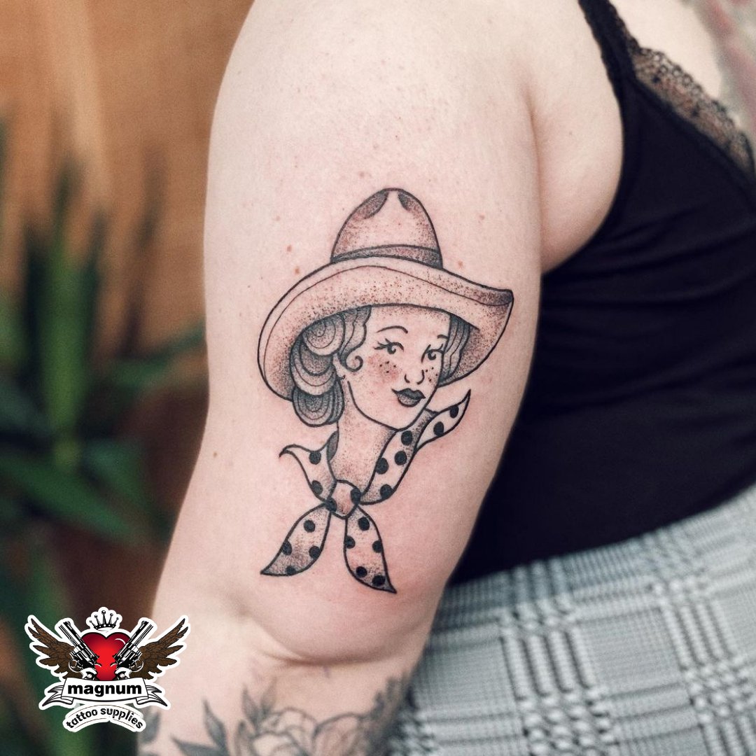 Cute cowgirl tattoo by Lucie Morticia made using #magnumtattoosupplies 👌 .  . #cowgirltattoo #cowboytattoo #traditionalcowgirl #blackworktattoo  https://t.co/W5ff1BrbeH, image size:1080x1080