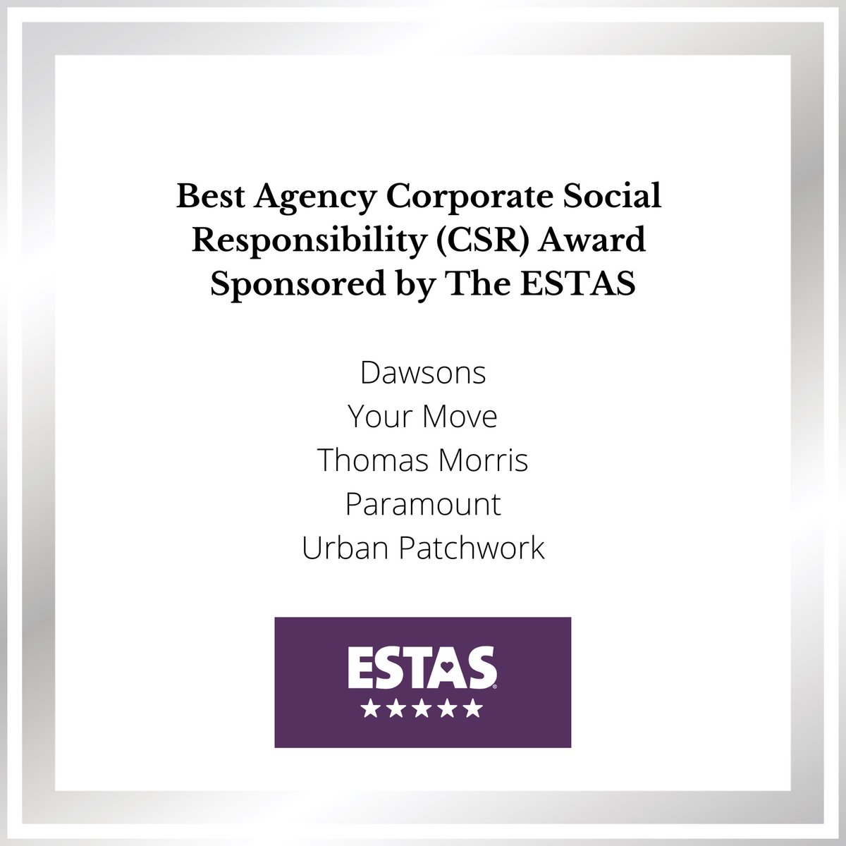 #Congratulations to everyone on the <a href="/Agents_Giving/">Agents Giving</a>
Fundraising Shortlist for 'Best Agency Corporate Social Responsibility (CSR) Award Sponsored by <a href="/THE_ESTAS/">The ESTAS</a>  Winners announced at The Agents Giving Ball 24th September 2021 <a href="/EpsomRacecourse/">Epsom Downs Racecourse</a> Full list here agentsgiving.org/events/fundrai…