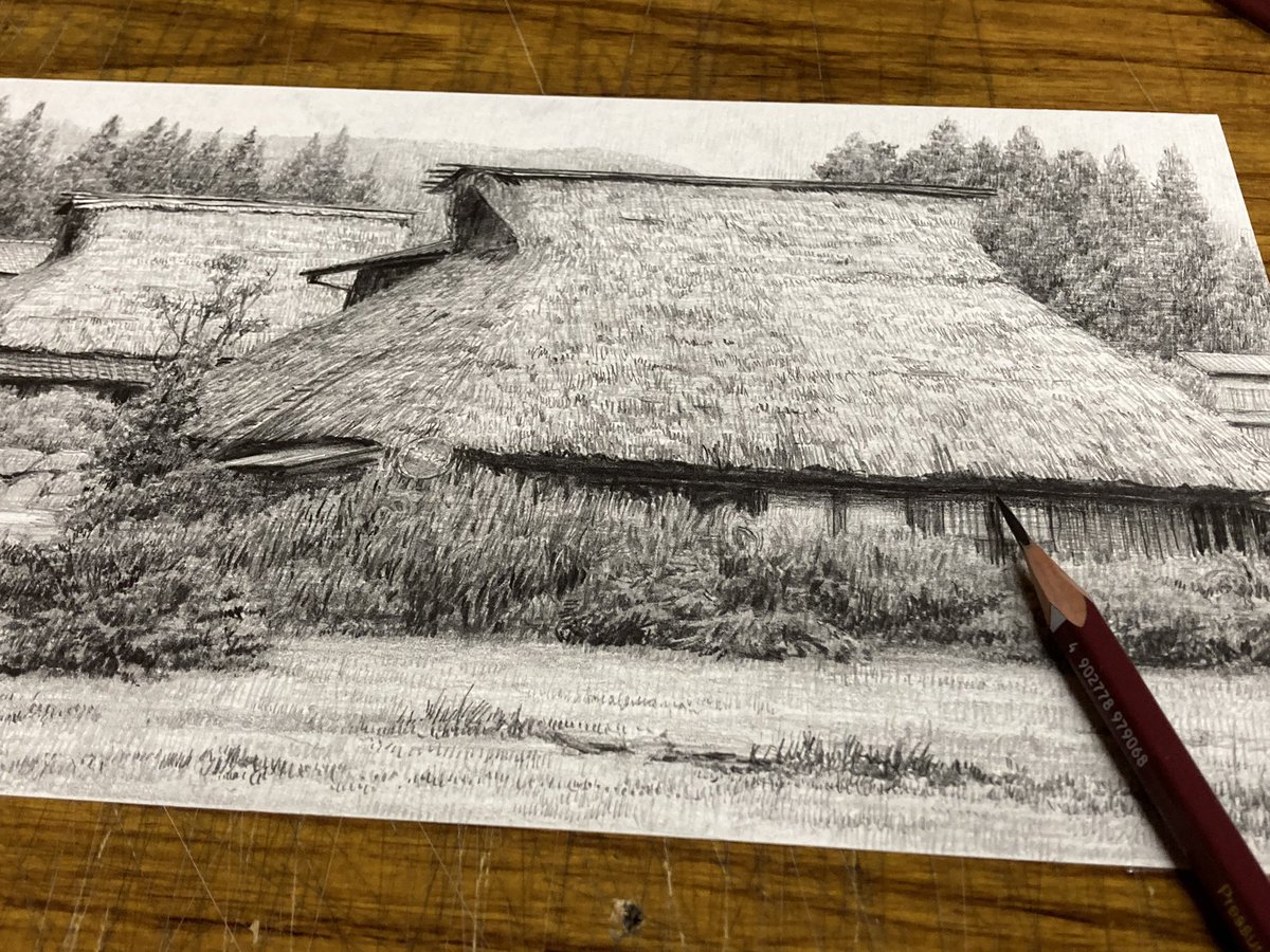 早く県外スケッチに出たい！ ＃鉛筆画 ＃茅葺き屋根 ＃日本原風景