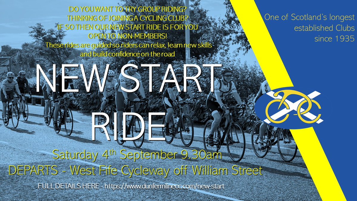 Our NEW START RIDE is back for September. New to group riding or looking to see what the Club is about, this is a great intro. Full details here... dunfermlinecc.com/new-start
<a href="/WestFifeSport/">West Fife Sport</a> <a href="/VeloFife/">VeloFife</a> <a href="/ActiveFife/">Active Fife</a>
