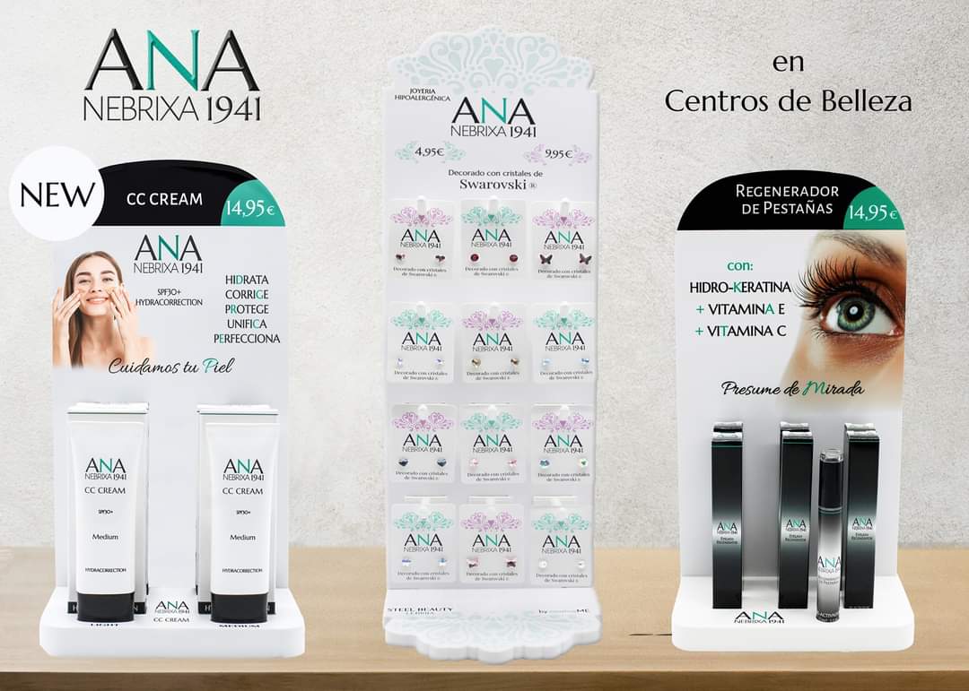 ¿Tienes un #CentrodeBelleza y quieres disponer de nuestros #Expositores #ANANebrixa1941? Contacta con nosotros y podrás adquirirlos fácilmente: #CCCream, #SerumRegenerador de #Pestañas, #Pendientes última #tendencia. #swarovski #makeup #makeupartist #moda #minipendientes #look