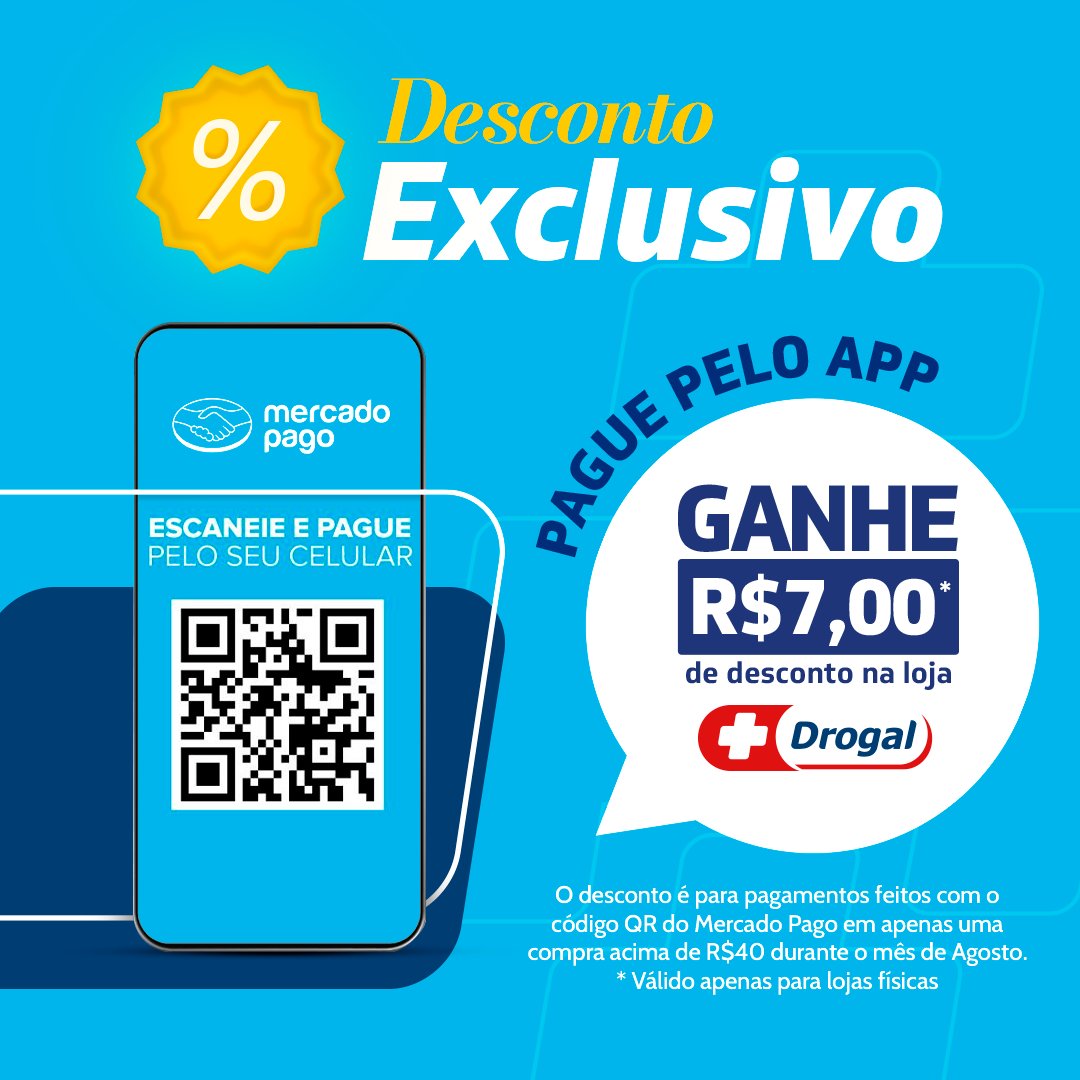 Drogal on X: Pague pelo App e ganhe R$7 Off. *O desconto é para pagamentos  realizados com o código QR do Mercado Pago em compra acima de R$40 (limite  de desconto R$7).