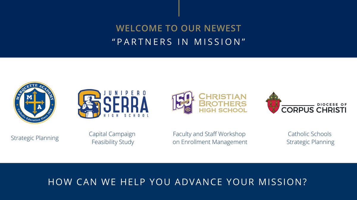 partnersmission's tweet photo. WELCOME to our newest "PARTNERS IN MISSION" - @MarquetteAcdmy, @SerraSanMateo, @CBHSMemphis, + @DioceseCC! Interested in partnering with us? https://t.co/1KZlXTIqGz #catholiceducation #catholicschools #schools #advancement #strategicplanning https://t.co/C99m29hXpe