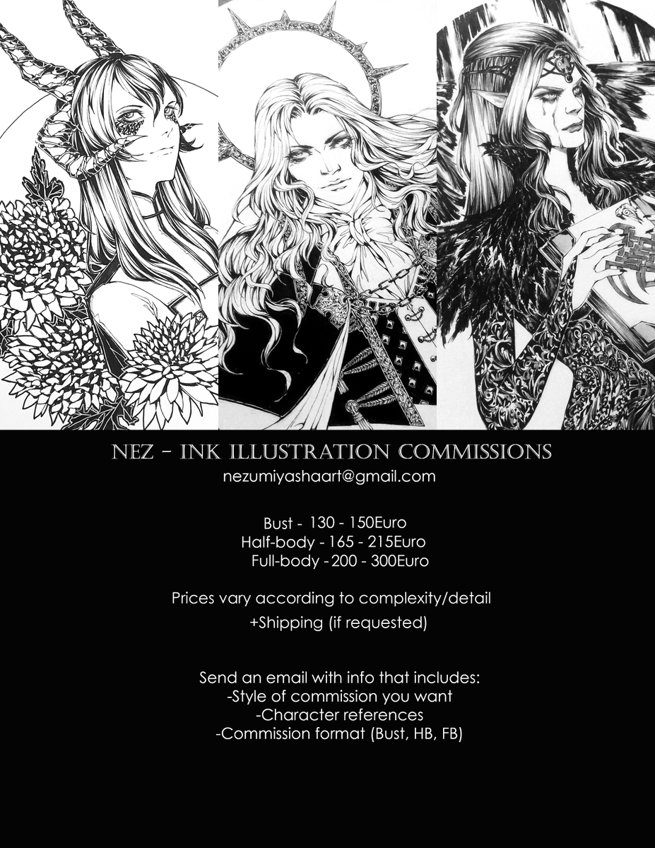 Ink illustration commissions OPEN! Might open a waiting list if there's enough demand. I will begin replying to emails on Monday
DM me if you have any questions! 
Thank you for the support! 