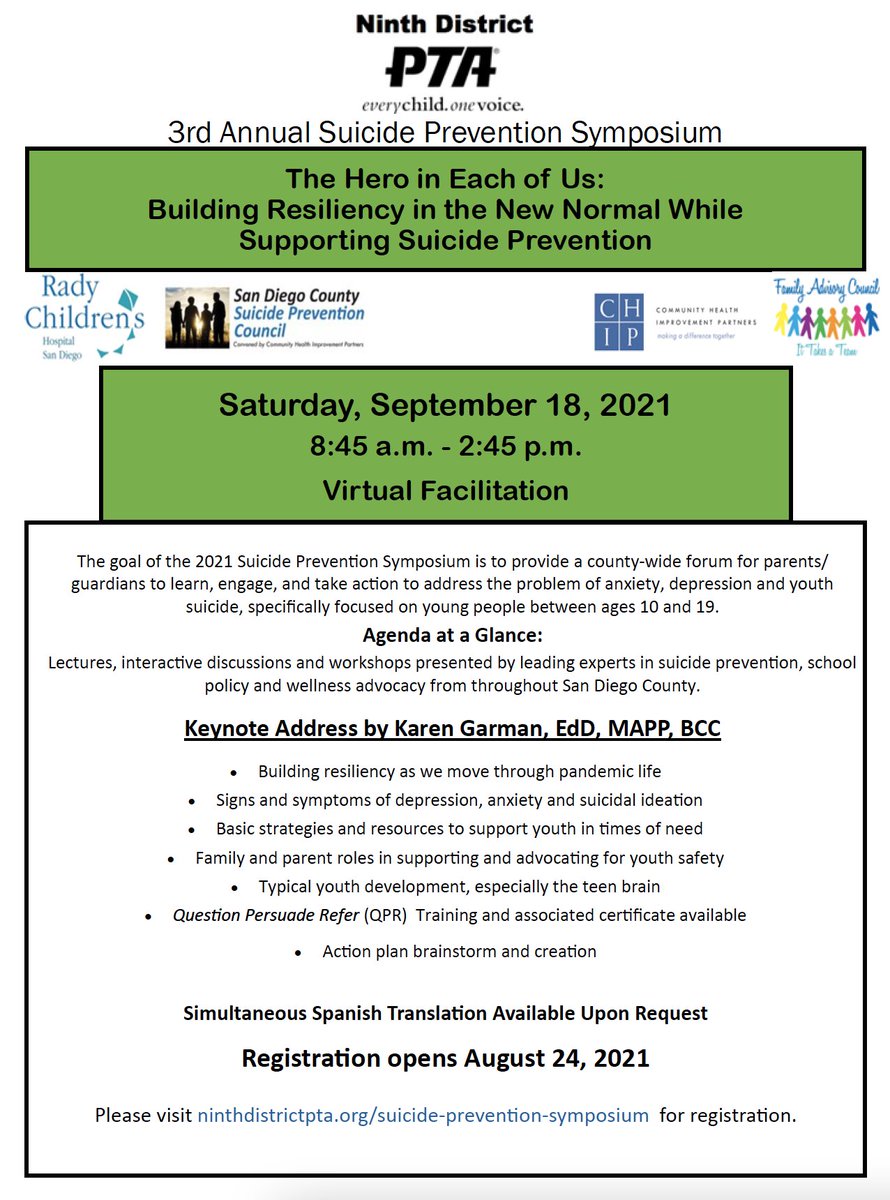 Parents &amp; guardians-<a href="/9thDistrictPTA/">Ninth District PTA</a>  is holding their 3rd Annual Suicide Prevention Symposium Sat. 9/18 via Zoom. Learn, engage &amp; take action to address youth anxiety, depression and suicide. Lectures &amp; interactive workshops by SD's leading experts. ninthdistrictpta.org/suicide-preven…