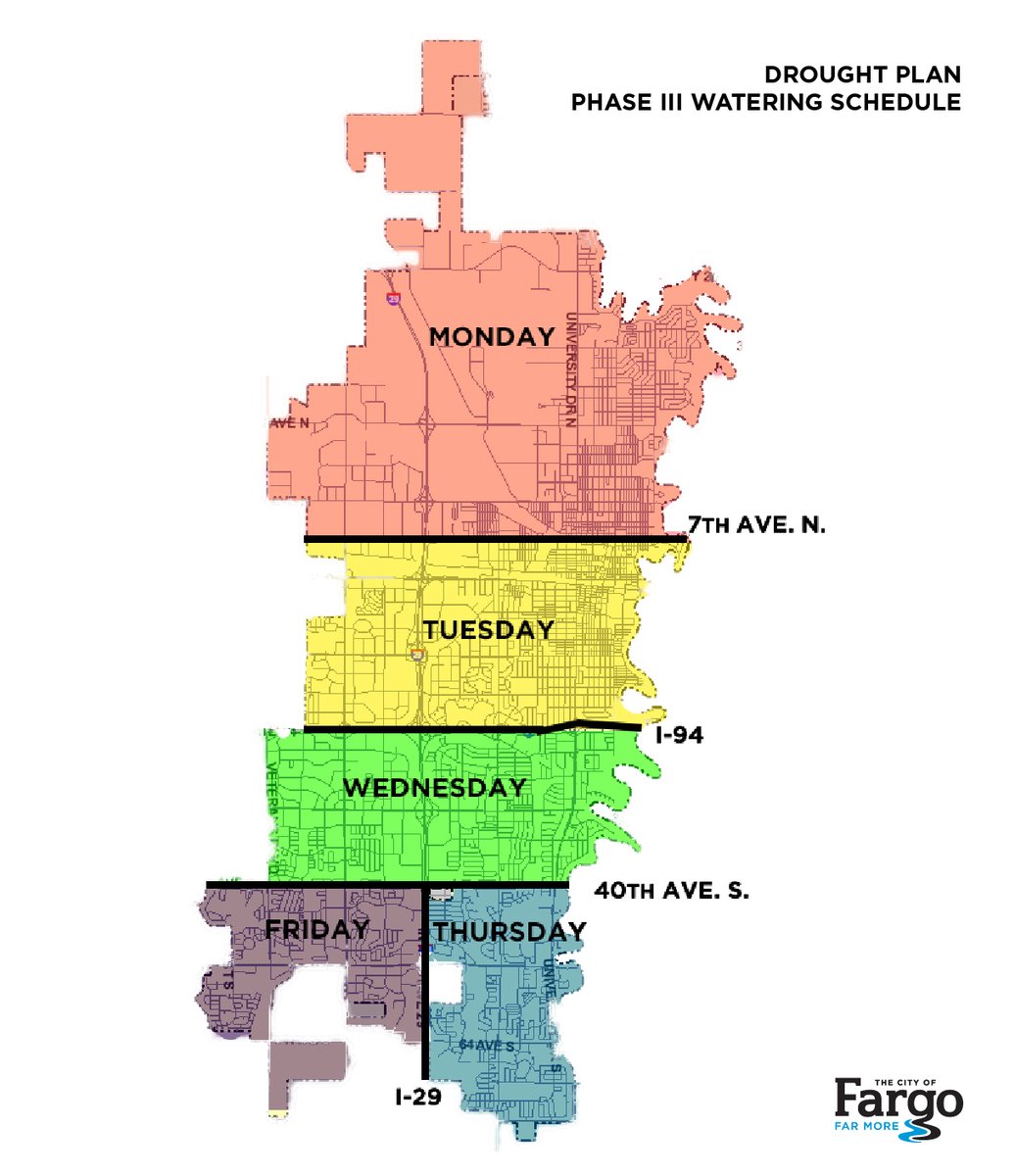 thecityoffargo's tweet photo. The largest use of outdoor water in summer is lawn irrigation. Lawn watering is the primary target of the Phase III water usage restrictions. By observing the one day per week lawn watering restriction, The City of #Fargo aims to reduce City-wide water usage by 25%. https://t.co/310r0bg2oX