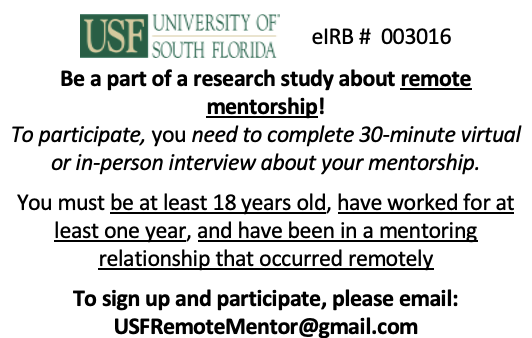 TammyDAllen's tweet photo. We are studying mentoring relationships and remote work. Study led by doctoral student Alyssa Lezcano. If you would like to talk about your experience, please sign up!  Sorry, no incentives other than our hearty thanks.  #DoitforScience #remoteworking https://t.co/sF9utV451t